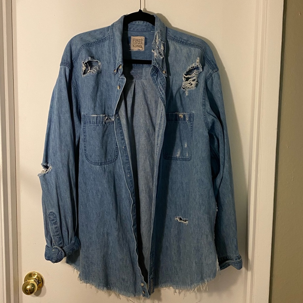 Oversized ripped jean flannel!